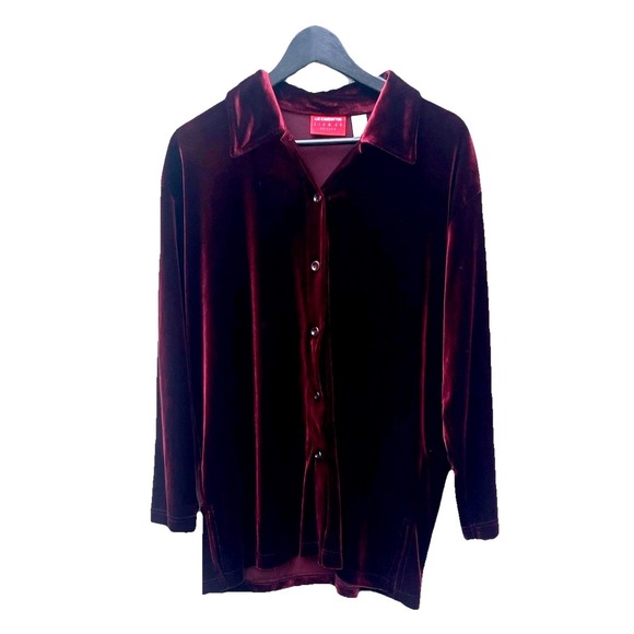 Liz Claiborne Tops - Liz Claiborne Stretch Velvet Velour Shirt Womens Medium Maroon‎ Button Holidays
